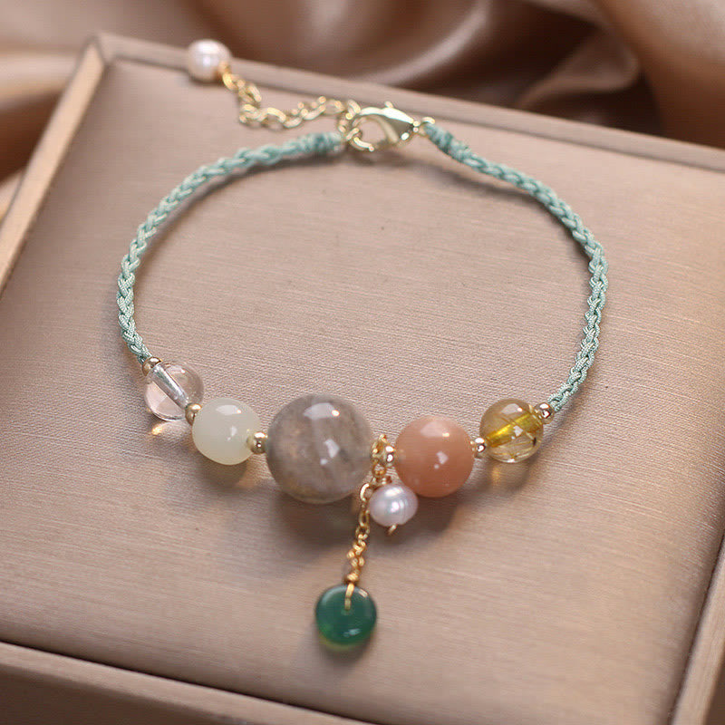 Bracelet de guérison avec breloque en pierre de lune et pierre de soleil, pierre de Bouddha et boucle de paix