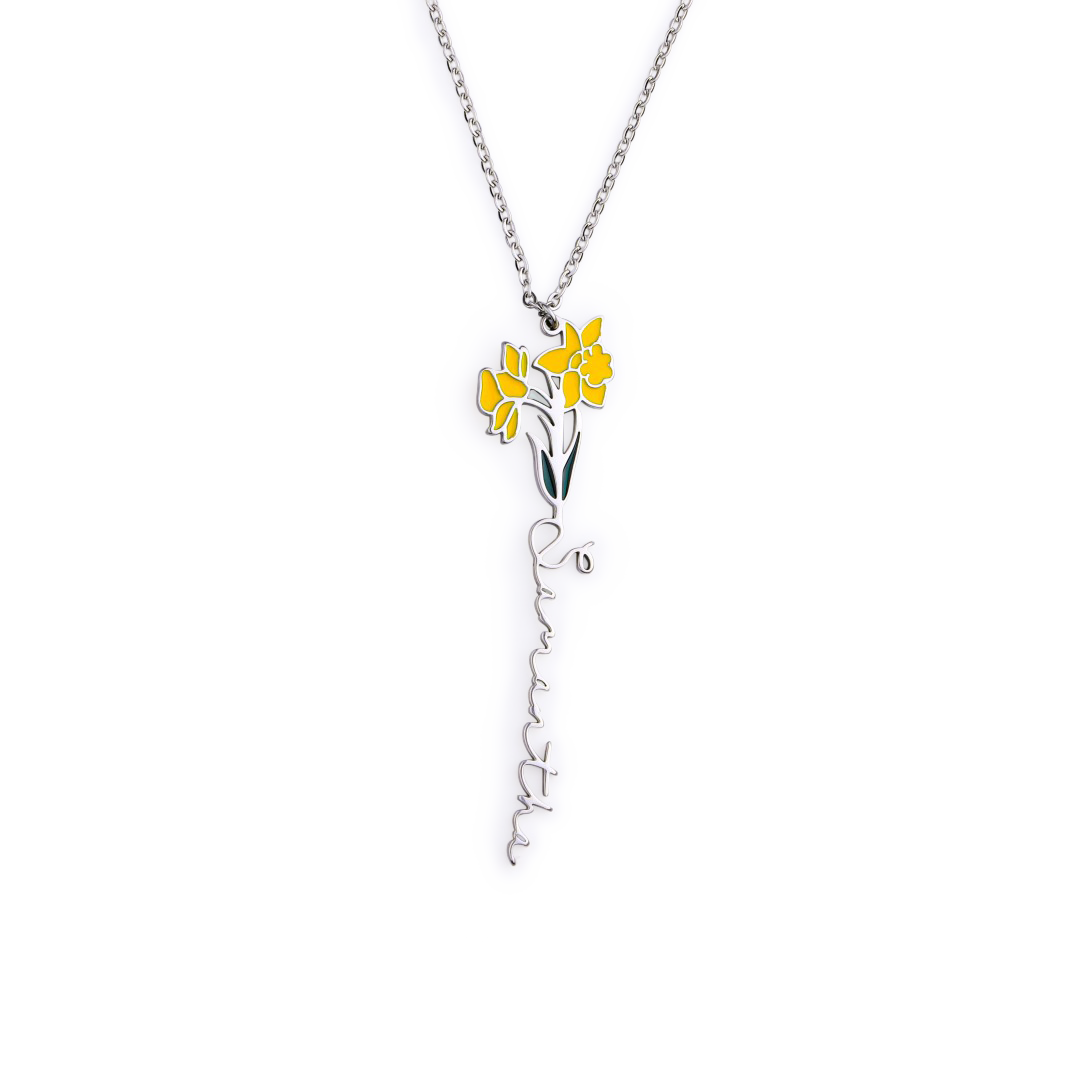 Collier avec nom de fleur de naissance aquarelle