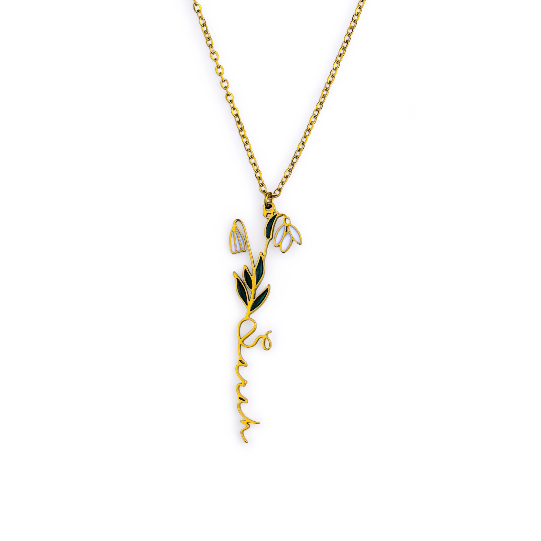 Collier avec nom de fleur de naissance aquarelle