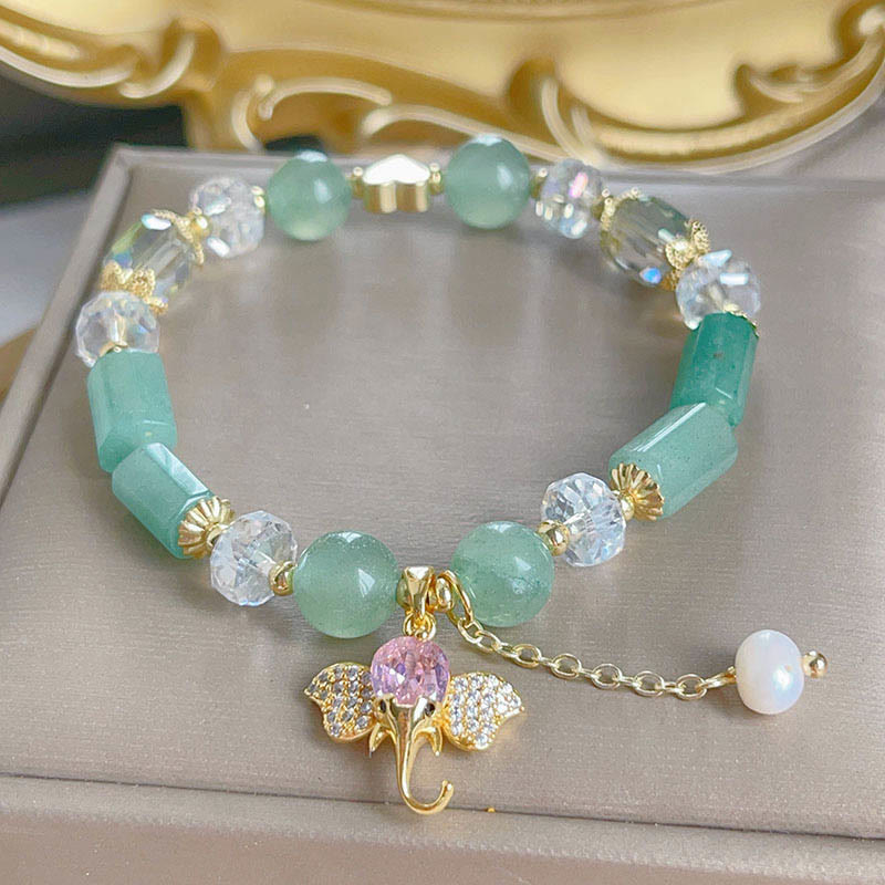 Bracelet à breloques éléphant positif en quartz fraise, améthyste, aventurine verte et pierres de Bouddha