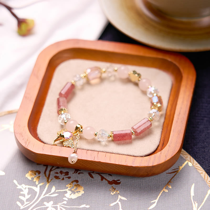 Bracelet à breloques éléphant positif en quartz fraise, améthyste, aventurine verte et pierres de Bouddha