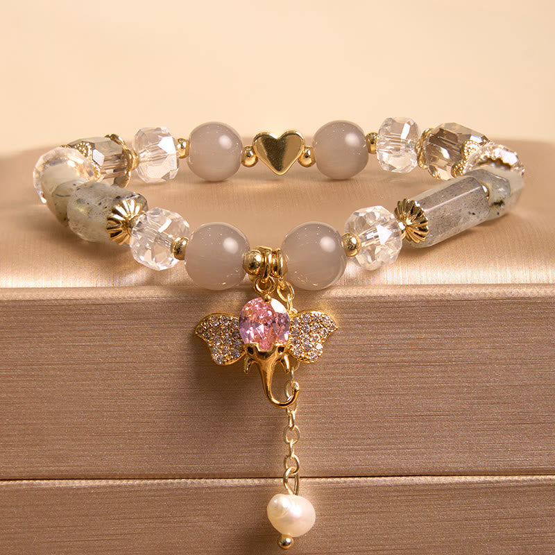 Bracelet à breloques éléphant positif en quartz fraise, améthyste, aventurine verte et pierres de Bouddha