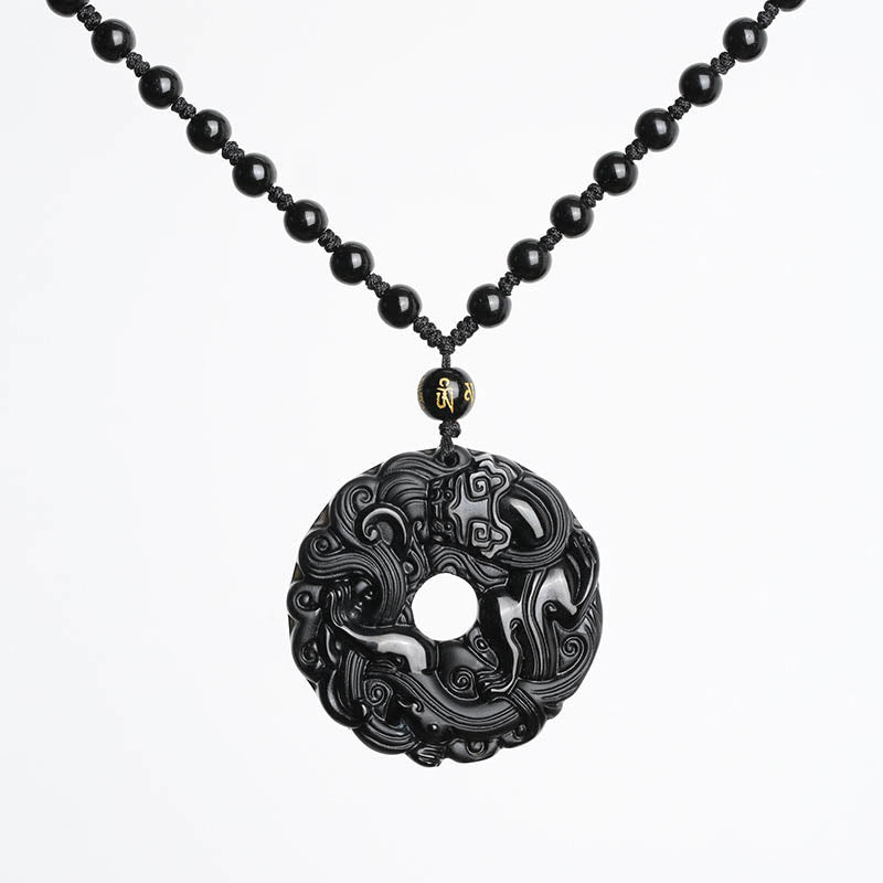 Collier pendentif en obsidienne noire naturelle avec boucle de paix et purification Pixiu