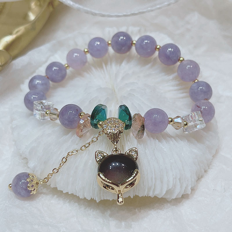 Bracelet porte-bonheur en jade violet naturel avec breloque renard et pierres de Bouddha