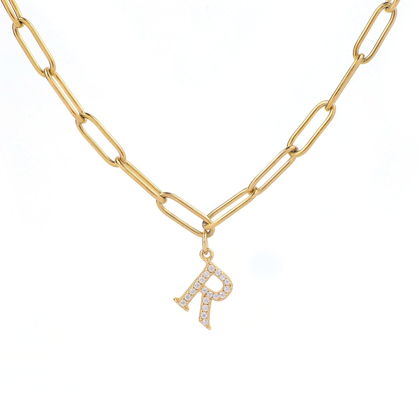 Diamond Letter Pendant Necklace with Paperclip Chain