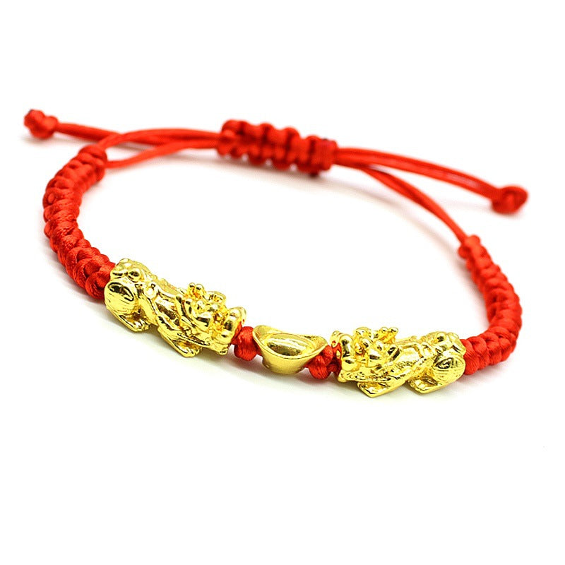 Bracelet double lingot Pixiu et corde rouge porte-bonheur