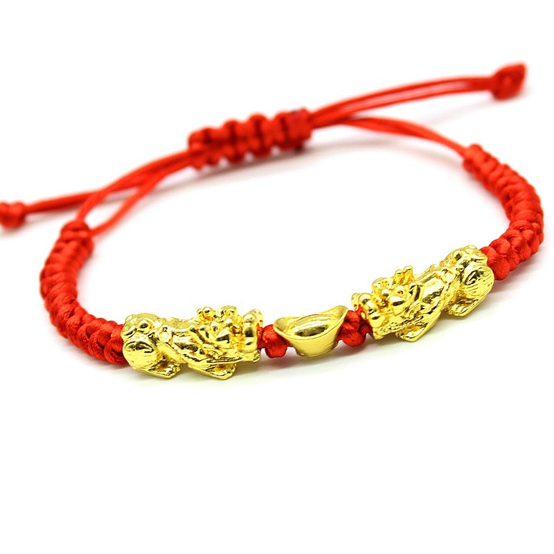 Bracelet double lingot Pixiu et corde rouge porte-bonheur