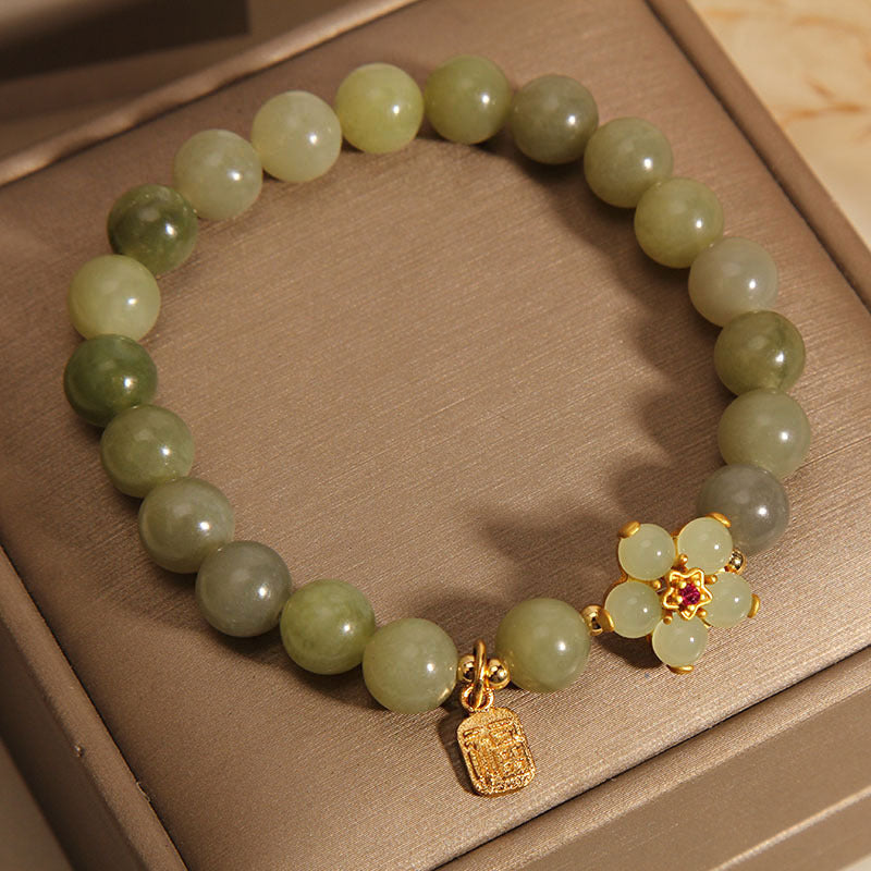 Bracelet porte-bonheur en jade vert avec fleur de Bouddha et caractère Fu