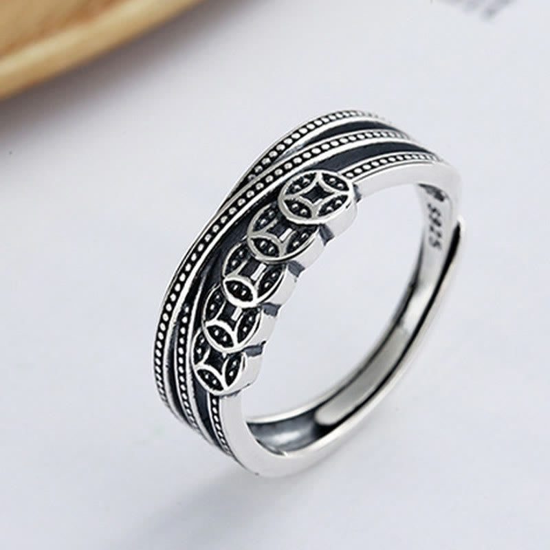 Buddha Stones 925 Sterling Silber Kupfermünzen Reichtum Segen Verstellbarer Ring
