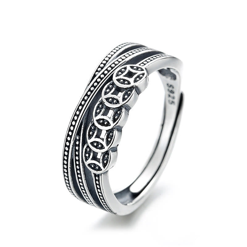 Buddha Stones 925 Sterling Silber Kupfermünzen Reichtum Segen Verstellbarer Ring
