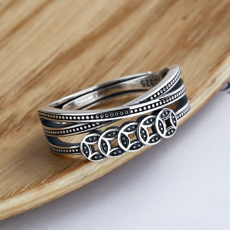 Buddha Stones 925 Sterling Silber Kupfermünzen Reichtum Segen Verstellbarer Ring