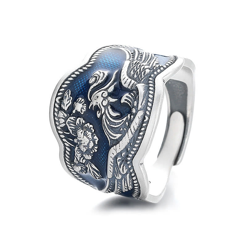 Bague ajustable en argent sterling 925 avec pierres de Bouddha et fleurs de pivoine phénix sculptées