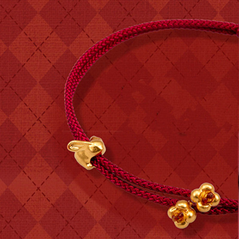 Buddha Stones 999 Gold kleines Glückskaninchen Osmanthus-Design handgefertigtes Glücksarmband aus geflochtenem Seil