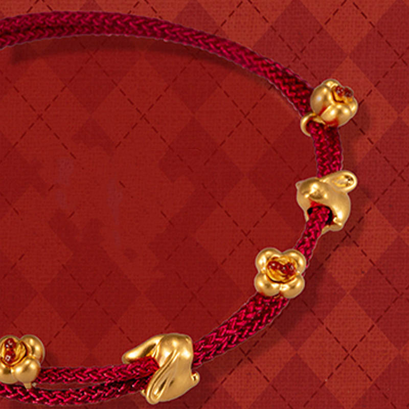 Buddha Stones 999 Gold kleines Glückskaninchen Osmanthus-Design handgefertigtes Glücksarmband aus geflochtenem Seil