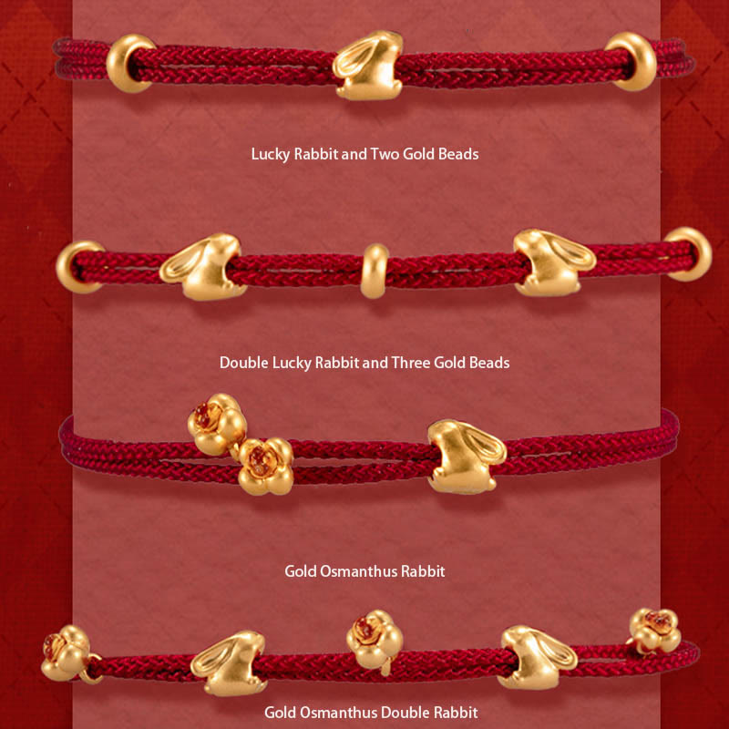 Buddha Stones 999 Gold kleines Glückskaninchen Osmanthus-Design handgefertigtes Glücksarmband aus geflochtenem Seil