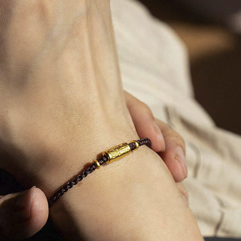 Buddha Stones 999 Gold Good Luck Amulet Carved Design Handmade Strength Braided Rope Bracelet