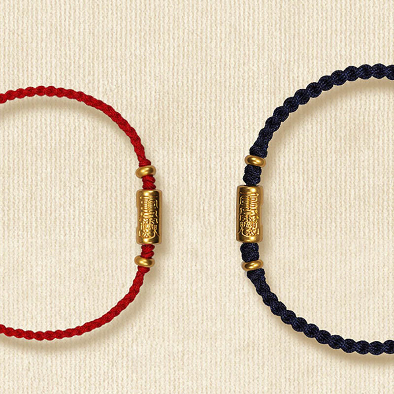 Buddha Stones 999 Gold Good Luck Amulet Carved Design Handmade Strength Braided Rope Bracelet
