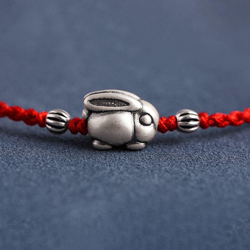 Buddha Stones Handmade 999 Sterling Silver Rabbit Luck Rope Bracelet Anklet