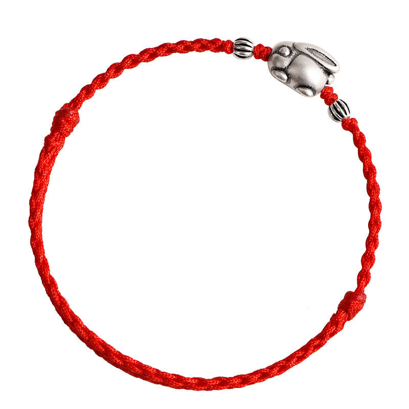 Buddha Stones Handmade 999 Sterling Silver Rabbit Luck Rope Bracelet Anklet