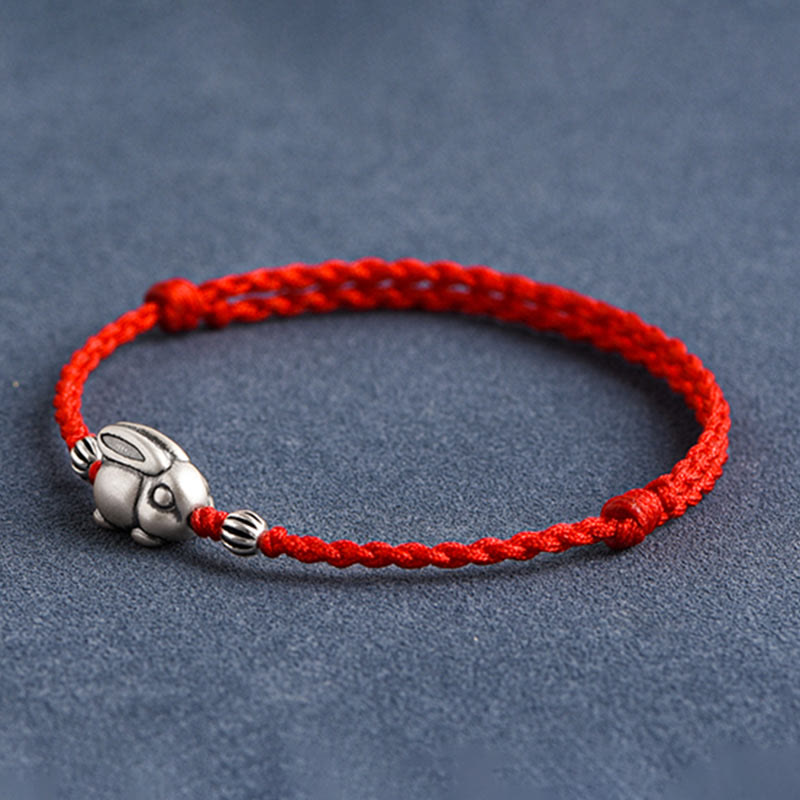 Buddha Stones Handmade 999 Sterling Silver Rabbit Luck Rope Bracelet Anklet