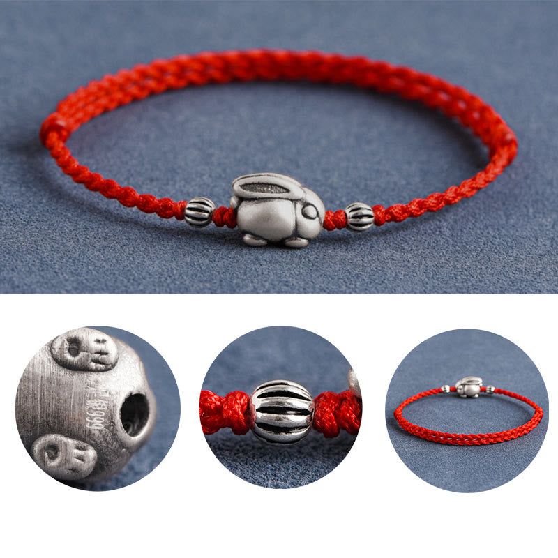 Buddha Stones Handmade 999 Sterling Silver Rabbit Luck Rope Bracelet Anklet
