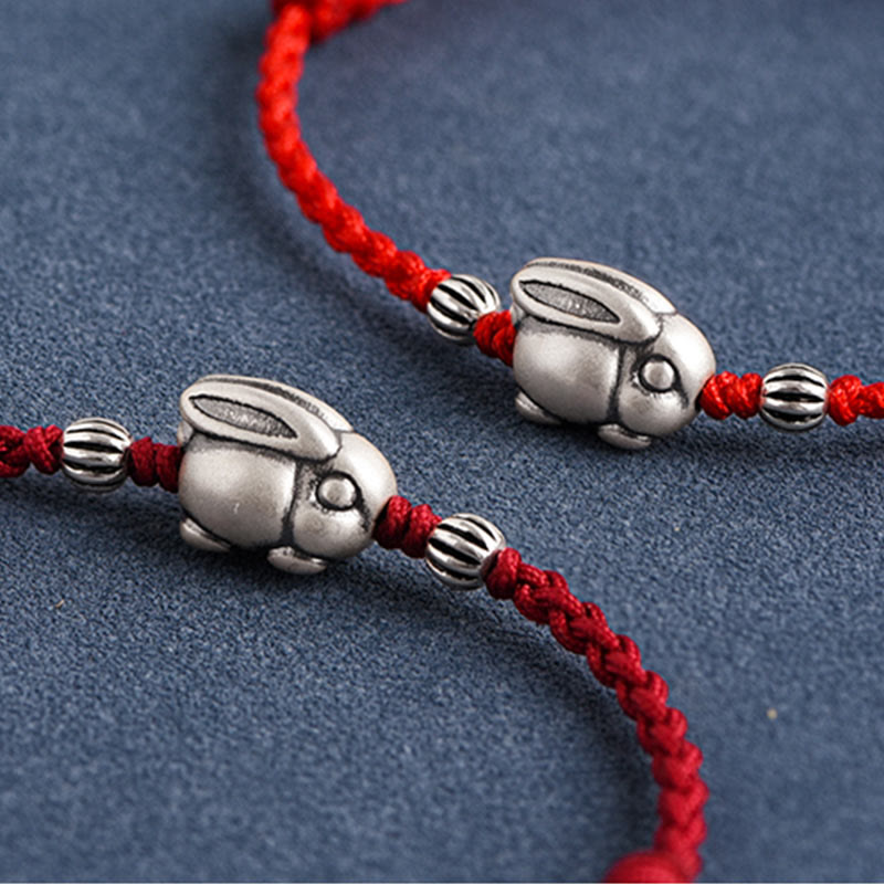 Buddha Stones Handmade 999 Sterling Silver Rabbit Luck Rope Bracelet Anklet
