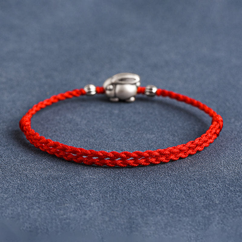 Buddha Stones Handmade 999 Sterling Silver Rabbit Luck Rope Bracelet Anklet