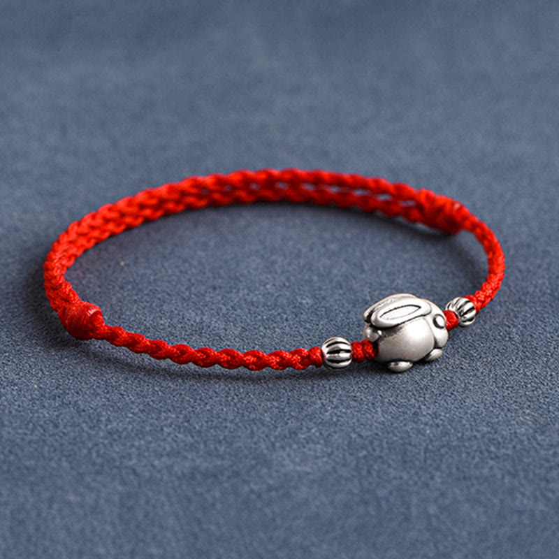 Buddha Stones Handmade 999 Sterling Silver Rabbit Luck Rope Bracelet Anklet