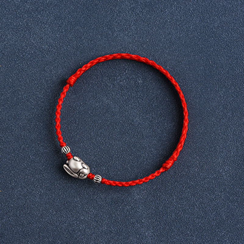 Buddha Stones Handmade 999 Sterling Silver Rabbit Luck Rope Bracelet Anklet