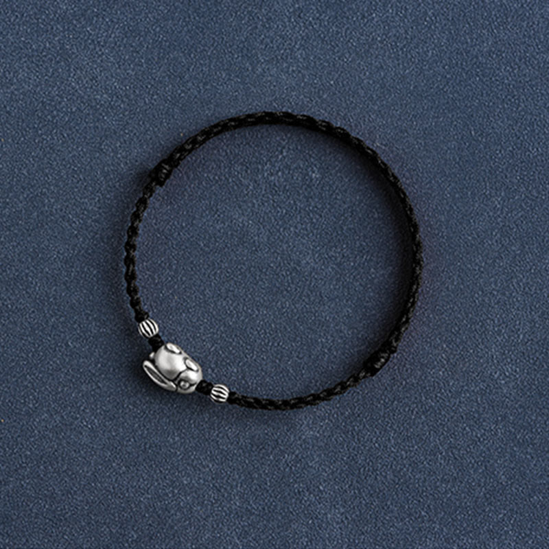 Buddha Stones Handmade 999 Sterling Silver Rabbit Luck Rope Bracelet Anklet