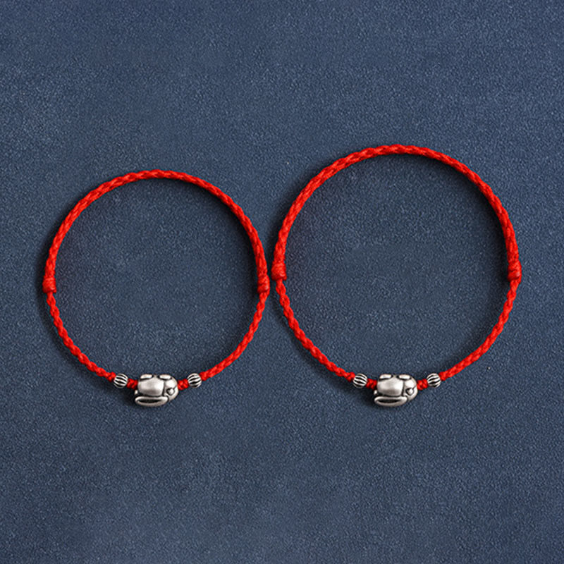 Buddha Stones Handmade 999 Sterling Silver Rabbit Luck Rope Bracelet Anklet