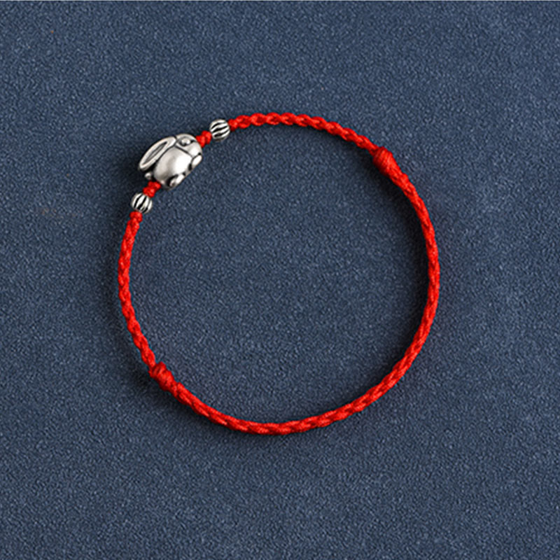 Buddha Stones Handmade 999 Sterling Silver Rabbit Luck Rope Bracelet Anklet