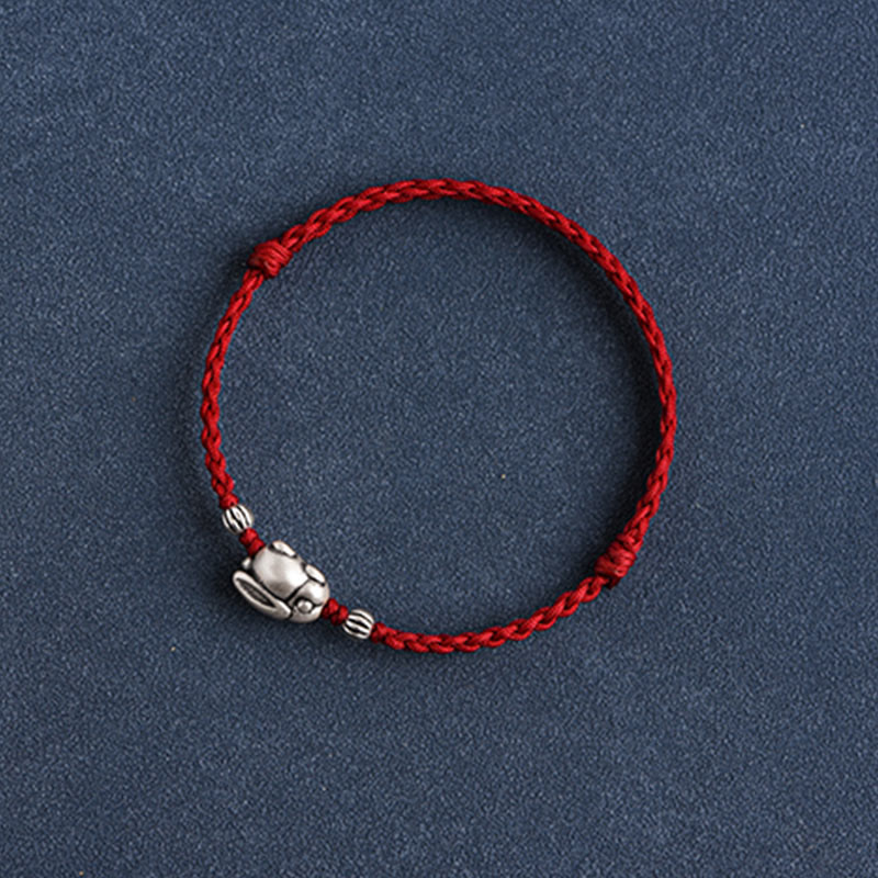 Buddha Stones Handmade 999 Sterling Silver Rabbit Luck Rope Bracelet Anklet