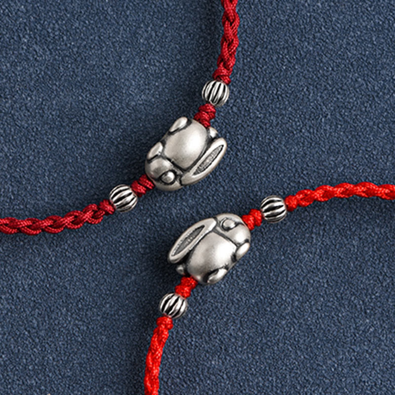 Buddha Stones Handmade 999 Sterling Silver Rabbit Luck Rope Bracelet Anklet