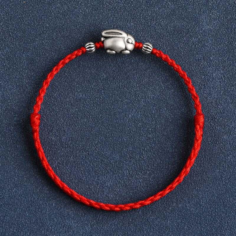 Buddha Stones Handmade 999 Sterling Silver Rabbit Luck Rope Bracelet Anklet