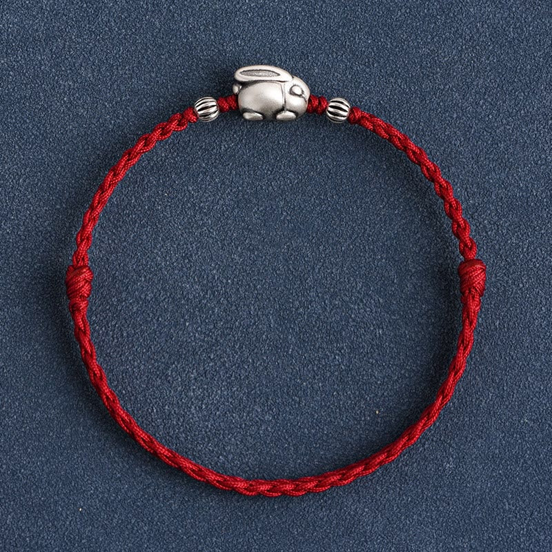 Buddha Stones Handmade 999 Sterling Silver Rabbit Luck Rope Bracelet Anklet