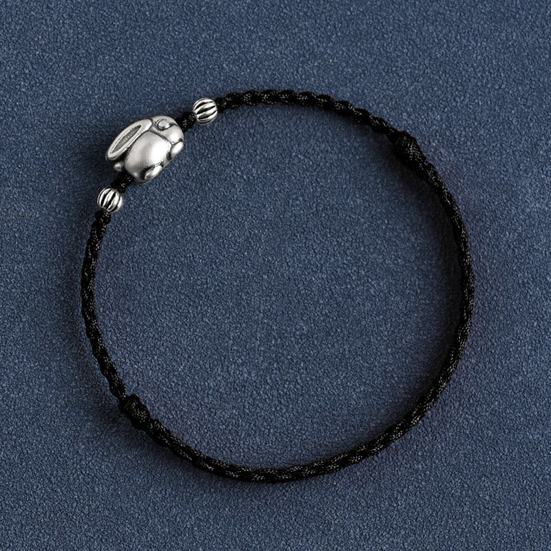 Buddha Stones Handmade 999 Sterling Silver Rabbit Luck Rope Bracelet Anklet