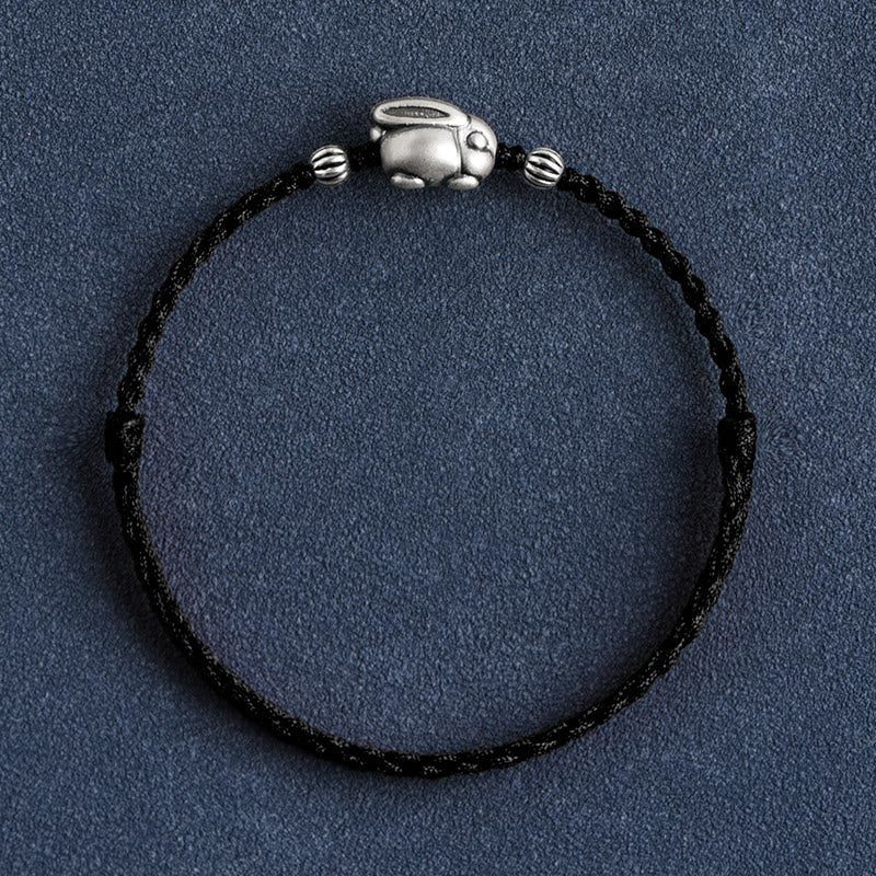 Buddha Stones Handmade 999 Sterling Silver Rabbit Luck Rope Bracelet Anklet