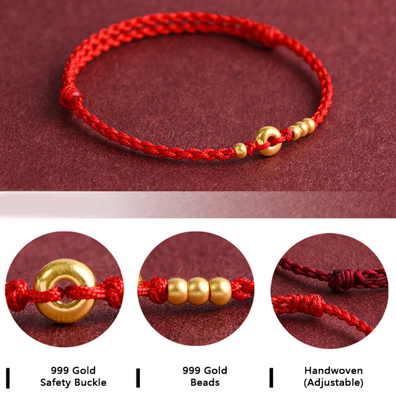 Buddha Stones 999 Gold Small Peace Buckle Design Handmade Luck Braided Rope Bracelet Anklet