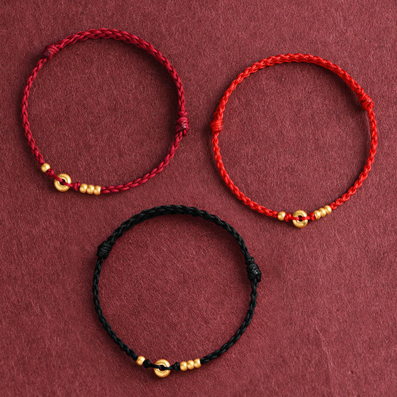 Buddha Stones 999 Gold Small Peace Buckle Design Handmade Luck Braided Rope Bracelet Anklet