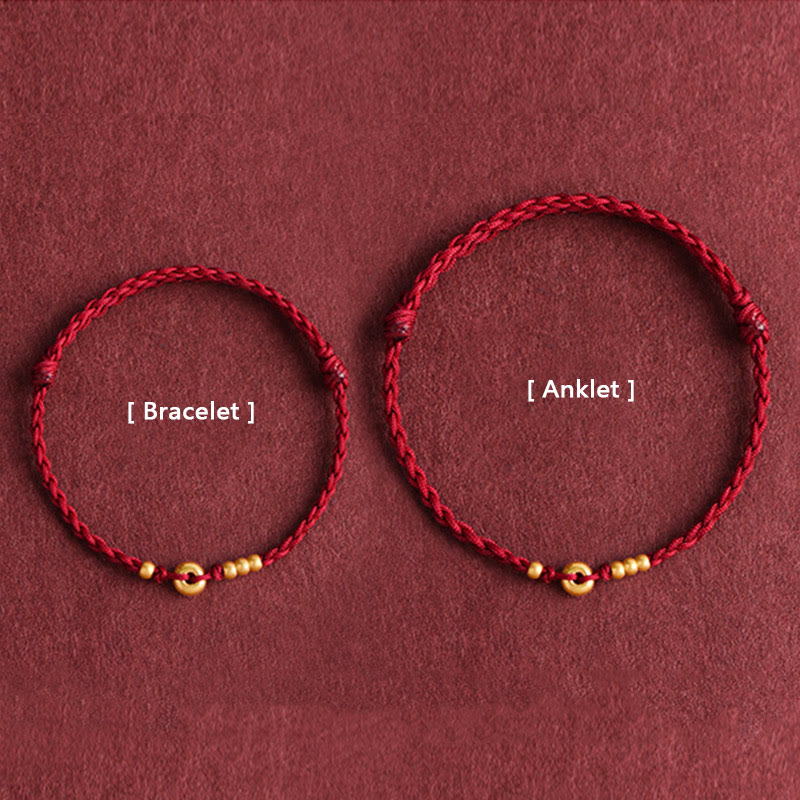 Buddha Stones 999 Gold Small Peace Buckle Design Handmade Luck Braided Rope Bracelet Anklet