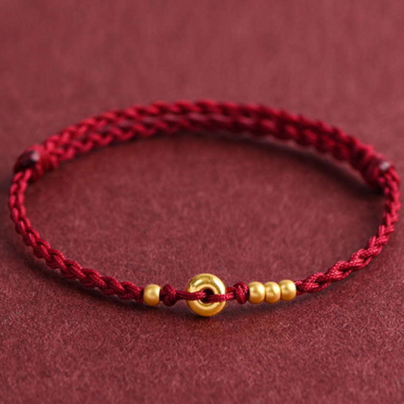 Buddha Stones 999 Gold Small Peace Buckle Design Handmade Luck Braided Rope Bracelet Anklet