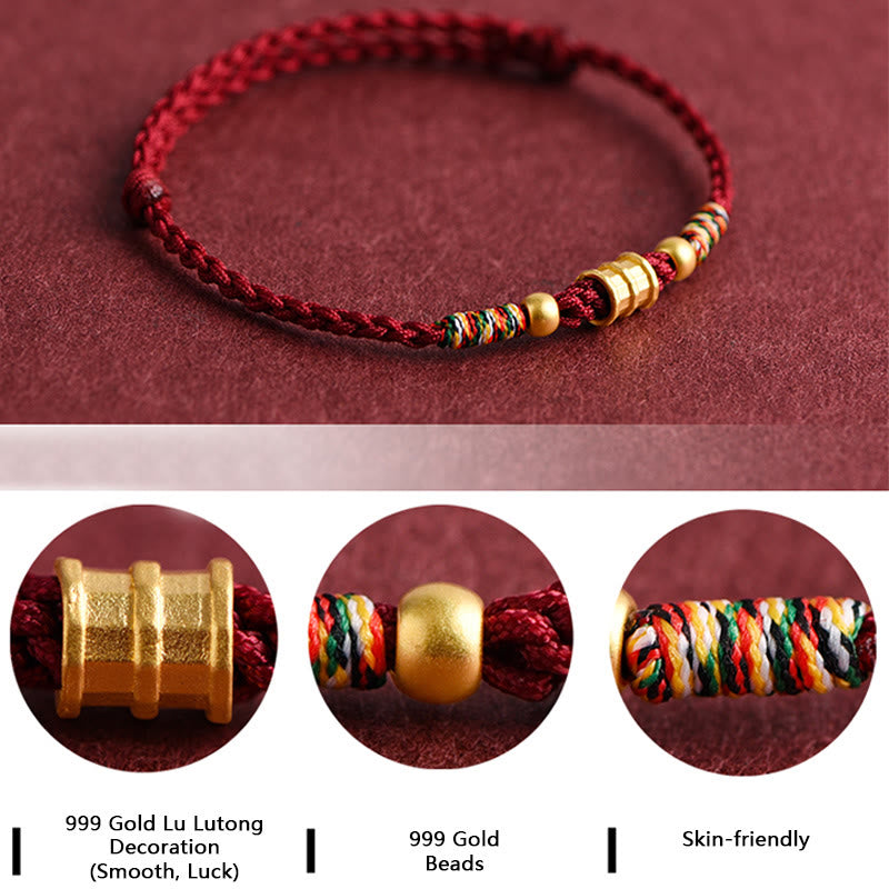 Buddha Stones 999 Gold Small Bucket Shape Design Handmade Luck Braided Rope Bracelet Anklet