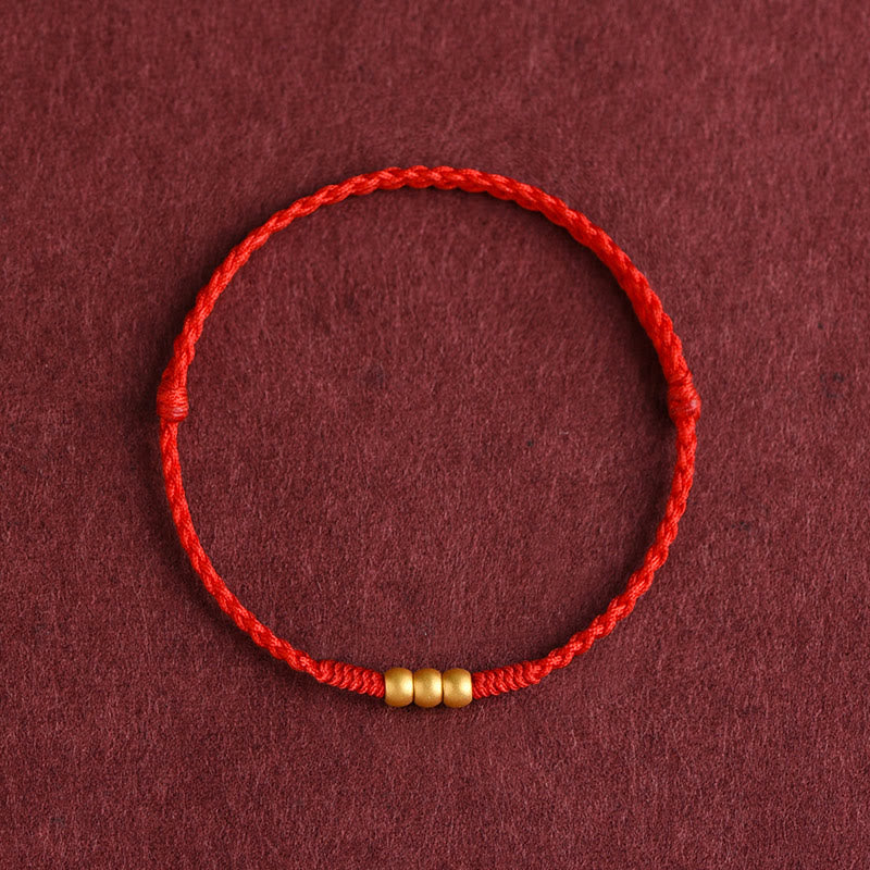 Buddha Stones 999 Gold Mini Three Beads Design Handmade Luck Rope Bracelet Anklet
