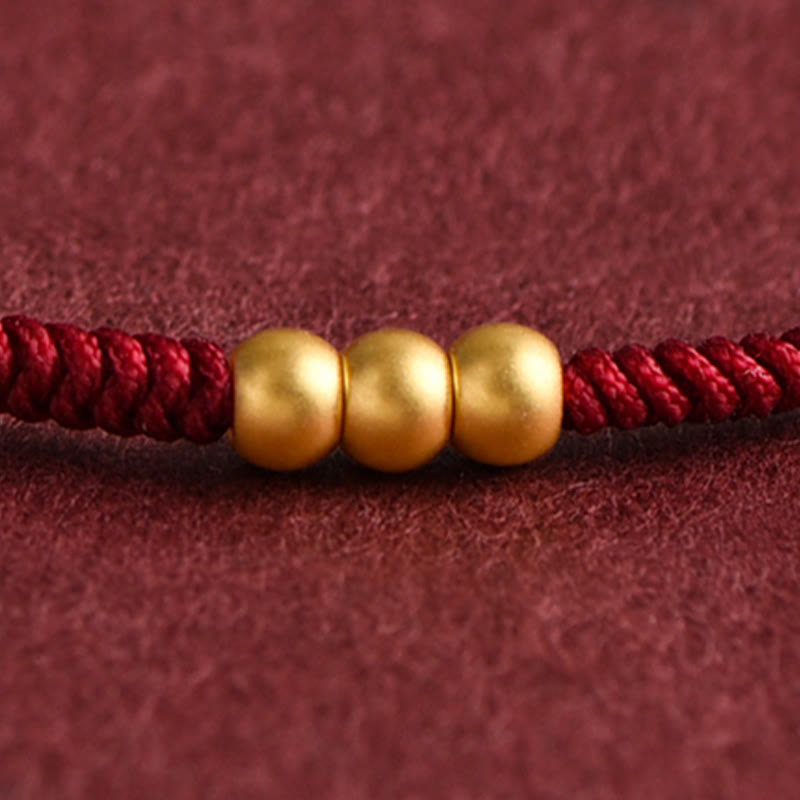 Buddha Stones 999 Gold Mini Three Beads Design Handmade Luck Rope Bracelet Anklet