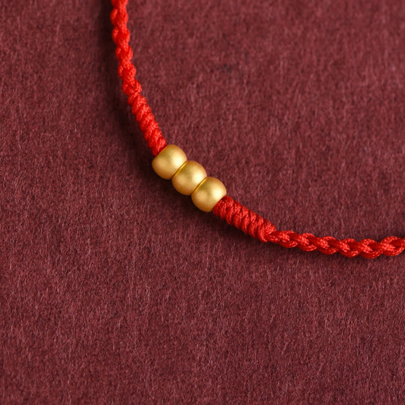 Buddha Stones 999 Gold Mini Three Beads Design Handmade Luck Rope Bracelet Anklet