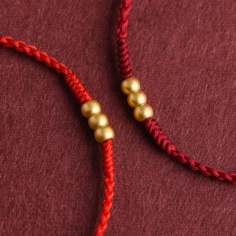 Buddha Stones 999 Gold Mini Three Beads Design Handmade Luck Rope Bracelet Anklet