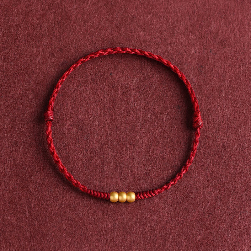 Buddha Stones 999 Gold Mini Three Beads Design Handmade Luck Rope Bracelet Anklet