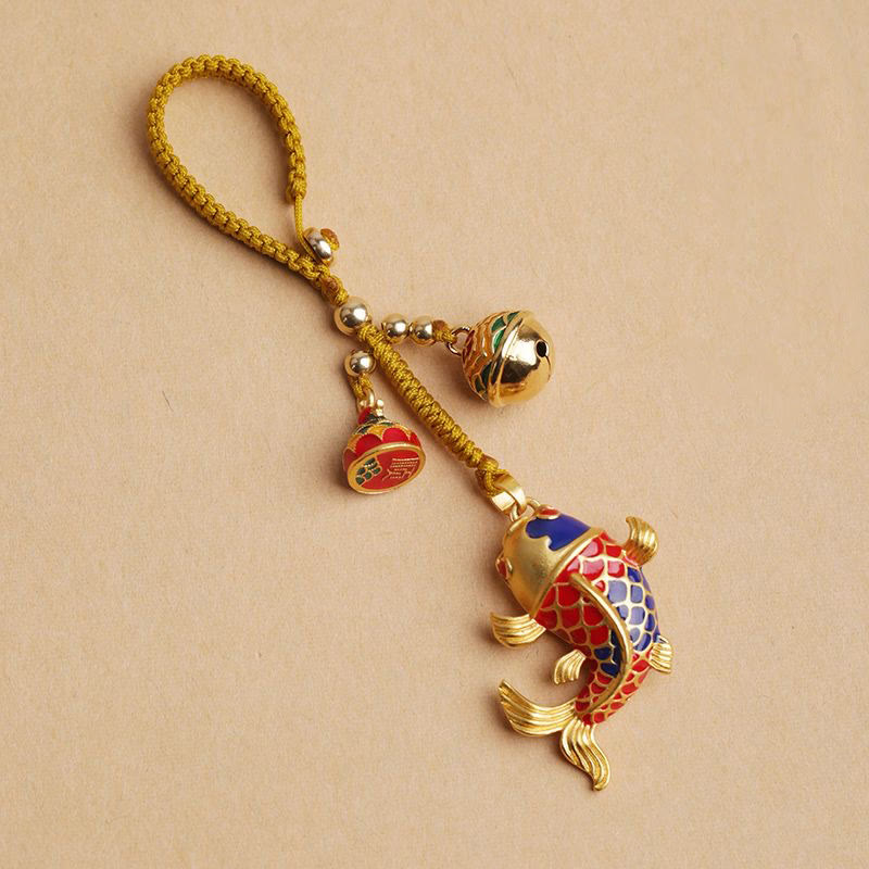 Porte-clés porte-bonheur en forme de cloche creuse en forme de poisson koï coloré en pierres de Bouddha