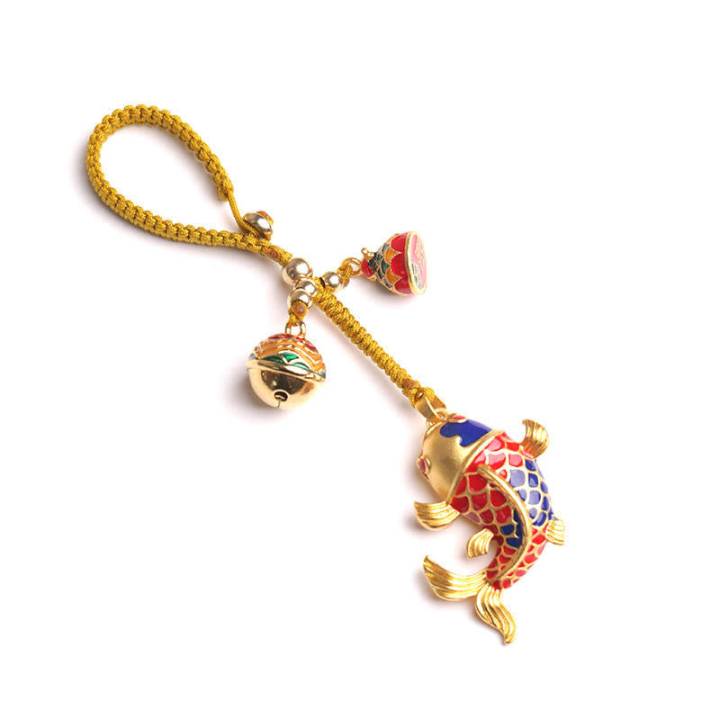 Porte-clés porte-bonheur en forme de cloche creuse en forme de poisson koï coloré en pierres de Bouddha